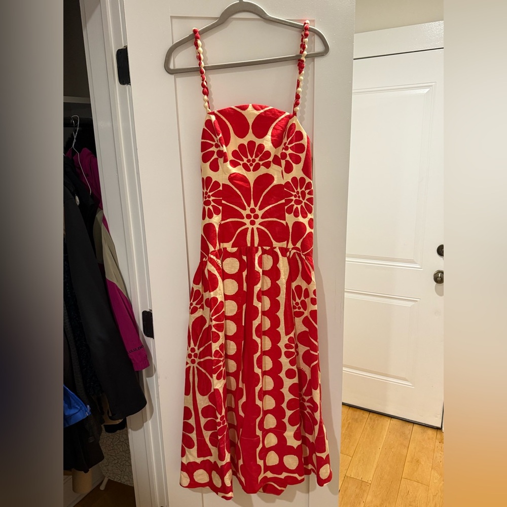 FARM Rio Strapless Red and Cream Floral Dress